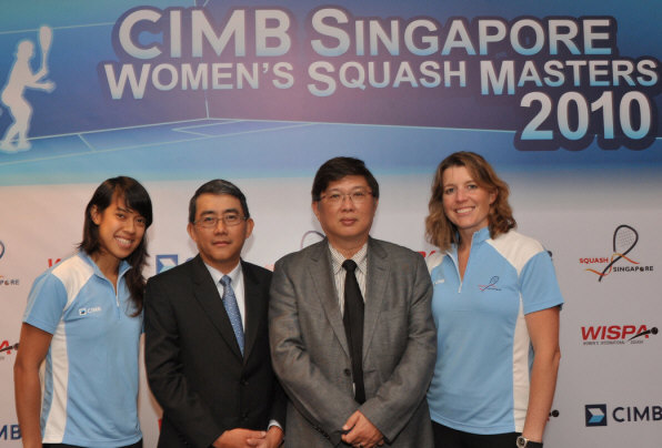 Nicol David (CIMB Squash Ambassador), Mak Lye Mun (Country Head, CIMB Group Singapore and CEO, CIMB Bank Singapore), Desmond Hill (President, SSRA), Natalie Grainger (President, WISPA)