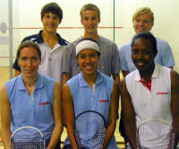 Madeline Perry, Nicol David and Siyoli Lusaseni (L to R) sitting in front of their Luzern opponents Lukas Burkhart, Patrick Miescher and Sara Guebey